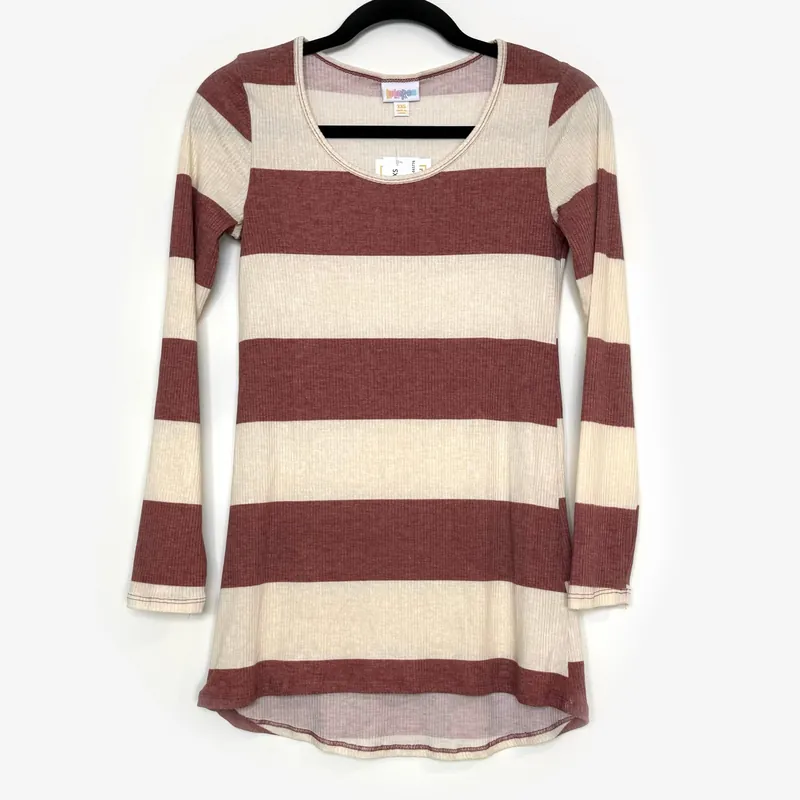 LuLaRoe Vault | Lynnae High-Low L/s Top | Size: XXS (00-0) | Brown/Cream | Striped | NWT