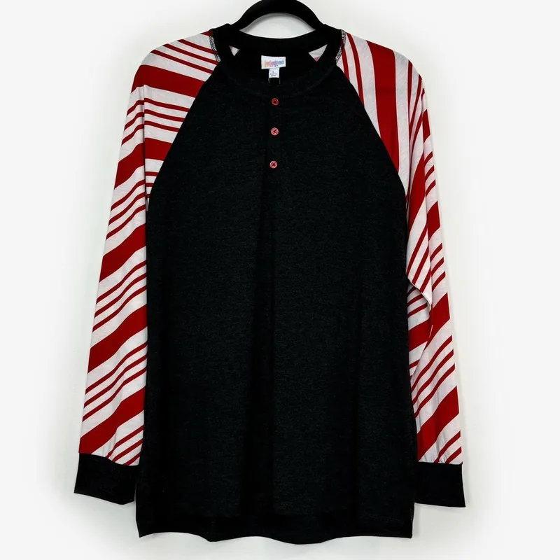 LuLaRoe Vault | MARK L/s Henley Top | Size: L | Gray/red/white | Heathered/Striped | NWT