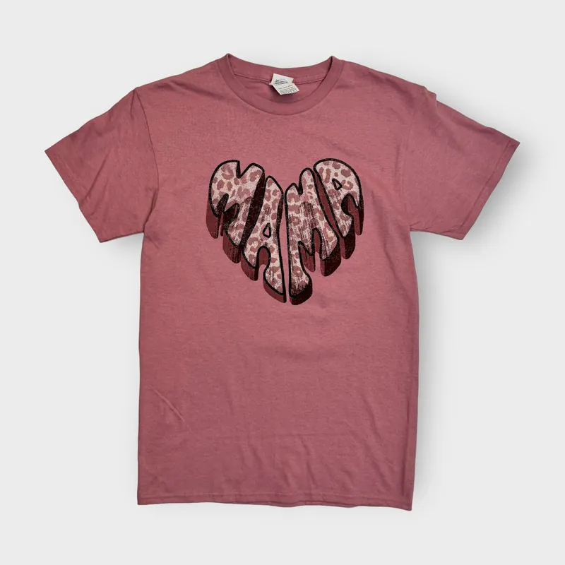 Mama Crew Neck T-Shirt | S | Pink Leopard Print w/Heart | Pre-Shrunk | New