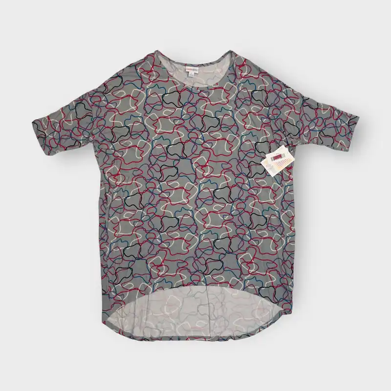 LuLaRoe Irma High-Low S/s Tunic | L (14-16) | Gray/Red/Blue Scribbles | NWT
