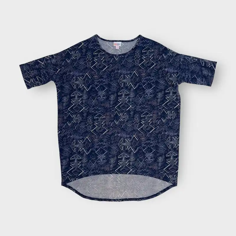 LuLaRoe Irma High-Low S/s Tunic | S (6-8) | Blue/white Geometric | NWT