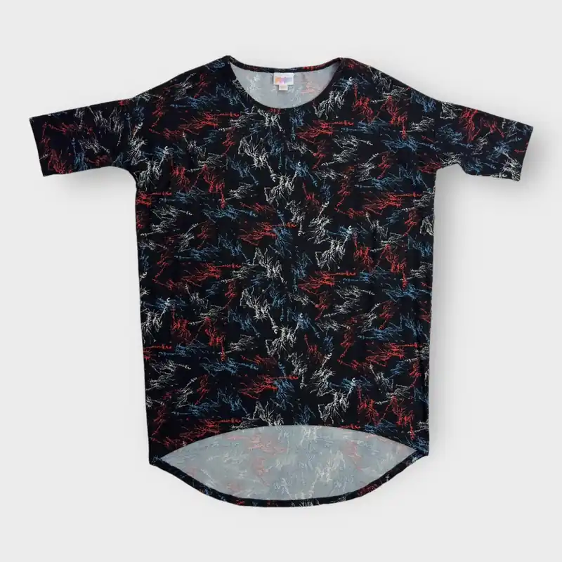 LuLaRoe Irma S/s Tunic Top | XXS (00-0) | Black/Multicolor Lady Liberty | High-Low | NWT