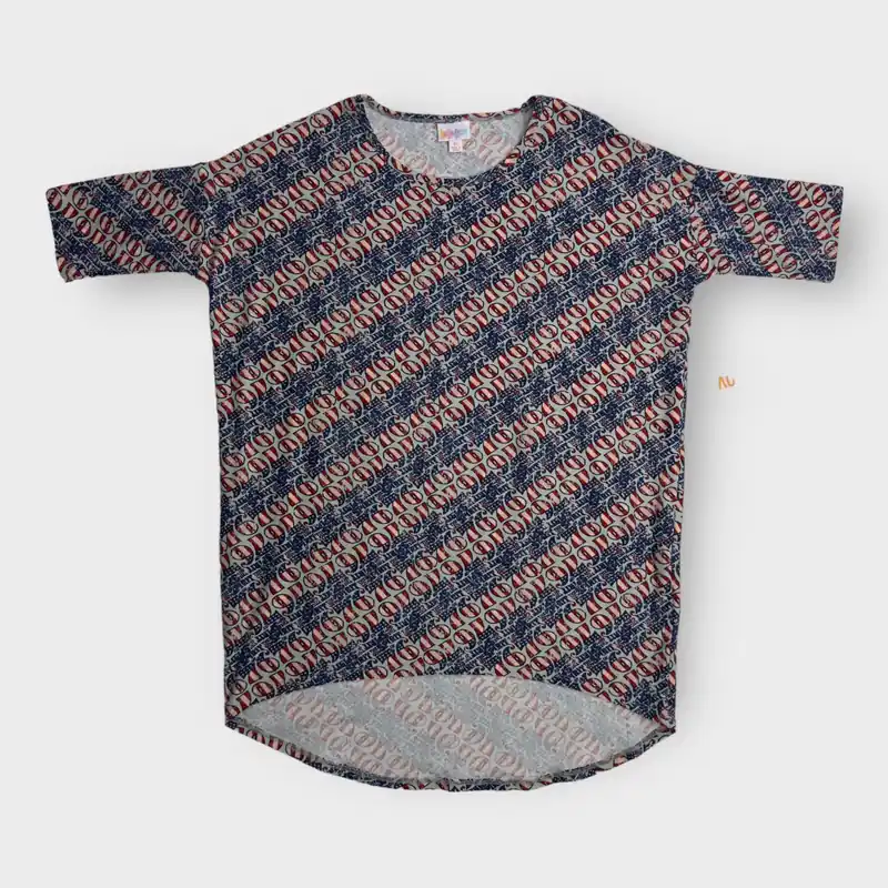 LulaRoe Irma S/s Tunic Top | XS (2-4) | Red, White & Blue ‘76’ Diagonal Striped | NWT