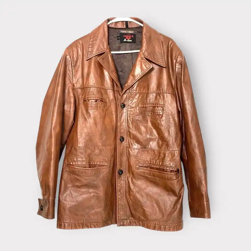 De Long Vintage Brown Cowhide Leather Coat Jacket | Size 42 (L) | Button Closure | VGC