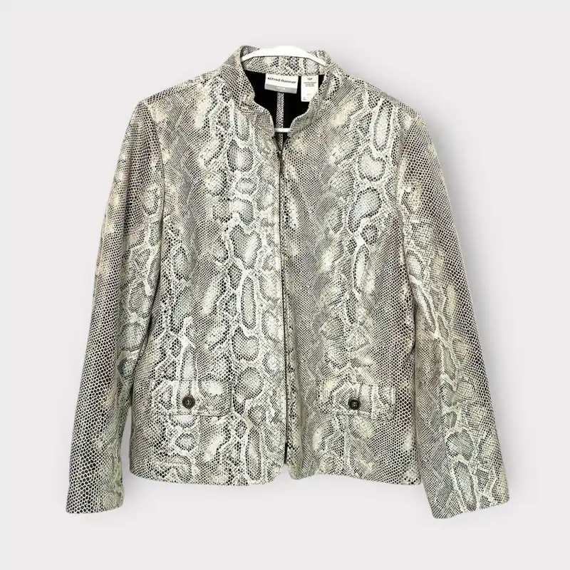 Alfred Dunner Petite Womens Full Zip Jacket | 12P (L) | Gray Snakeskin | EUC