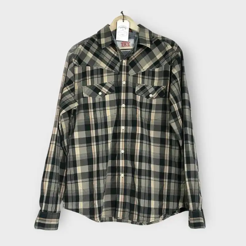 Christian Audigier Men's Western Snap-Up Dress Shirt - Plaid - Size L (42-44) - Long Sleeve - EUC