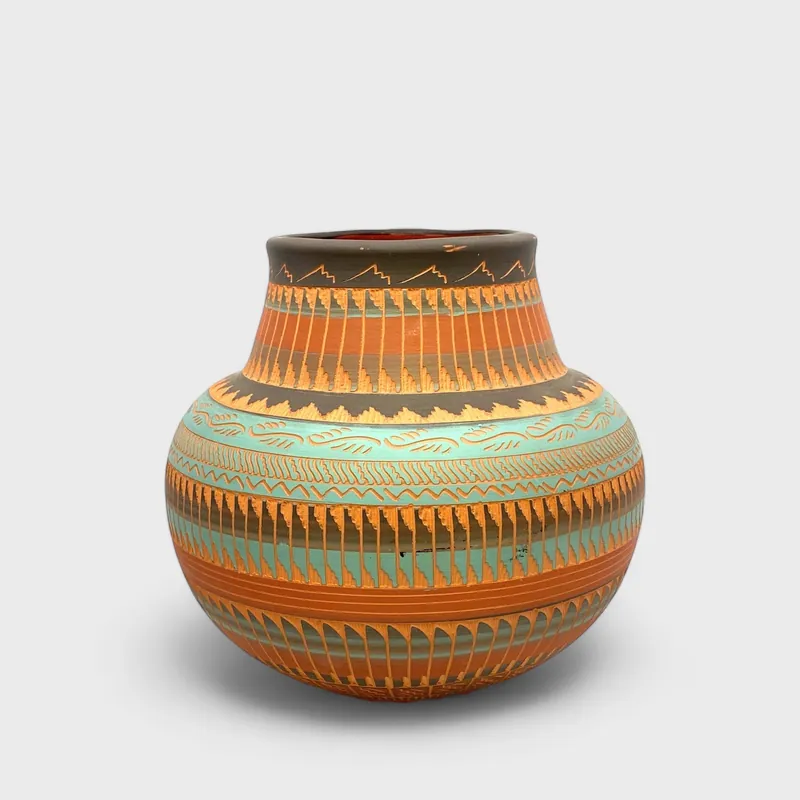 Navajo Pottery Vase | Hand-Etched & Painted Anna Tsosie Signed | Turquoise and Terracotta Tones | 7” | Vintage EUC
