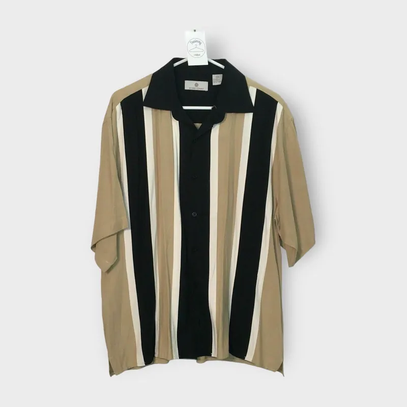 Bobby Chan Men's Short Sleeve Button-Up Shirt - Size M - Black/Beige Vertical Stripes