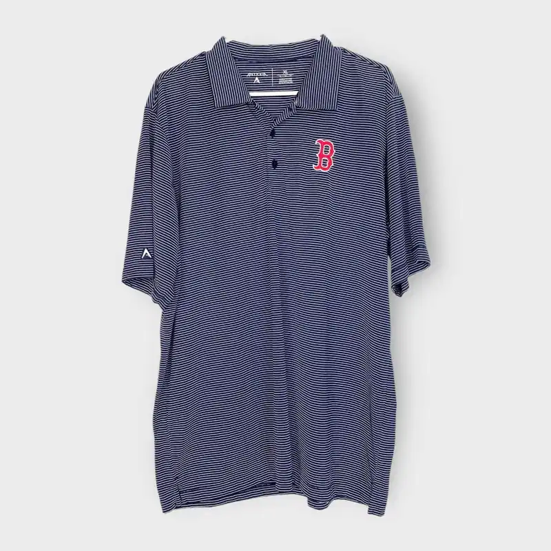 Antigua Boston Red Sox Men's Navy/White Striped Polo Shirt - Size XL - 100% Polyester - Excellent Used Condition