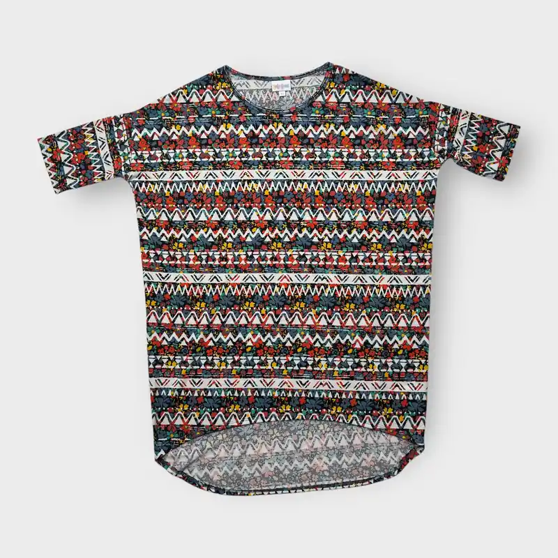 LuLaRoe Irma Tunic Top - Abstract Floral Zigzag Print - Women's XS (0-2) - High-Low Hem - Multicolor