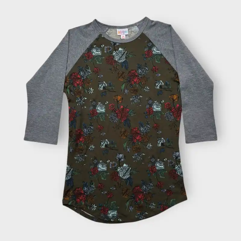 LuLaRoe Randy Baseball Tee XS (0-2) - Olive Green and Red Floral Print - Soft Stretch Fabric