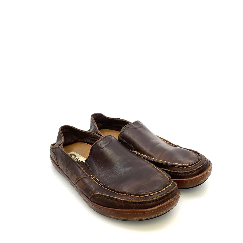 Olukai Mens Puhula Brown Leather Slip-On Casual Beach Shoes Size 8.5M