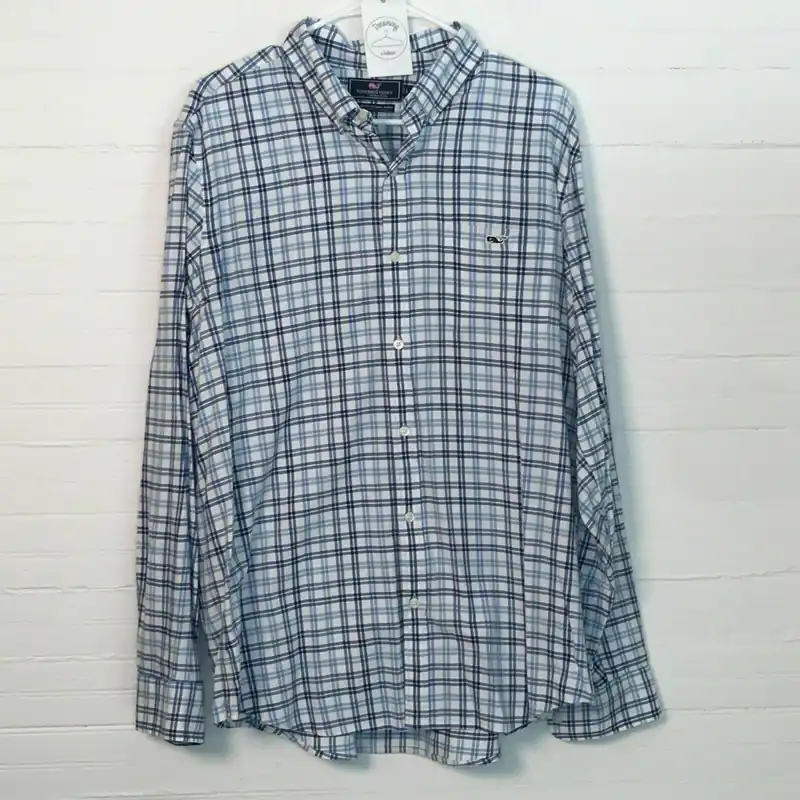 Vineyard Vines Mens Slim Fit Button Down Tucker Shirt - Blue White Plaid - Size L