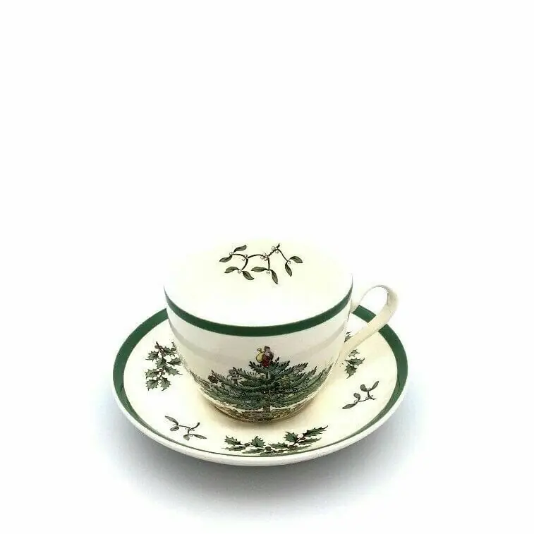 Festive Spode Christmas Tree Coffee & Tea Cup & Saucer Set - 7oz, White, Very Good