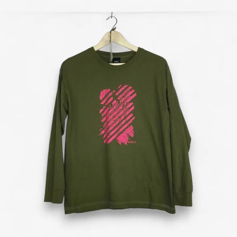 Obey Men's Olive Green Graphic Long Sleeve T-Shirt - Size M - Pre-Owned