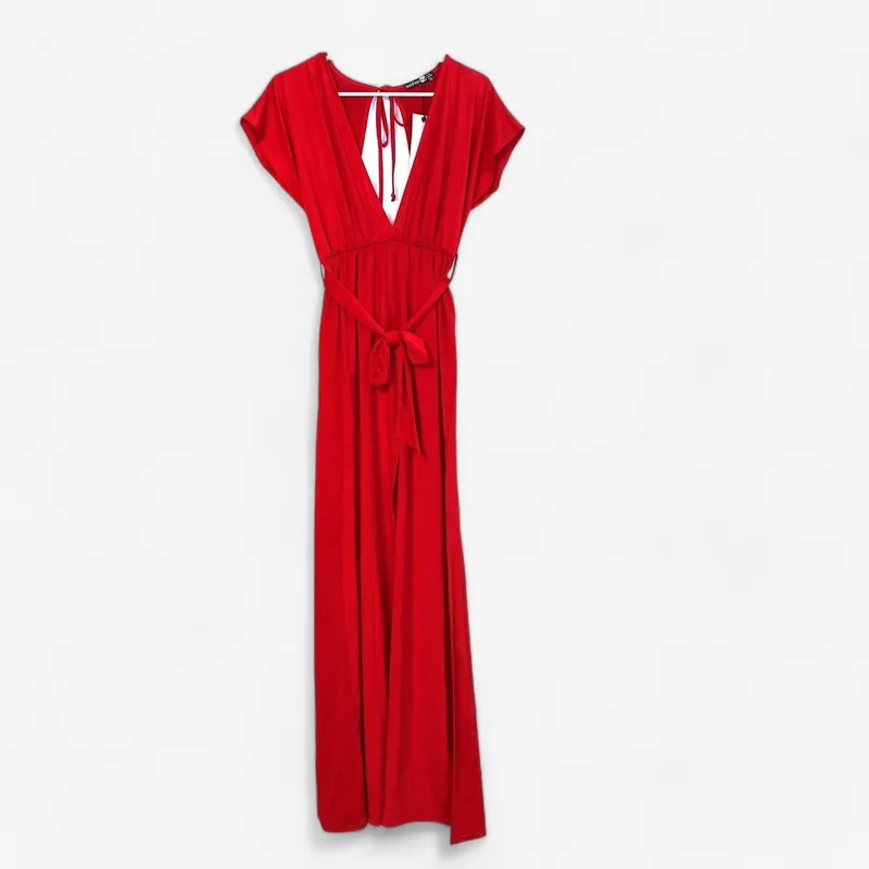 Women's Red Maxi Dress with Deep Plunge, Tie Waist, and Flutter Sleeves - Size 6 - Boohoo