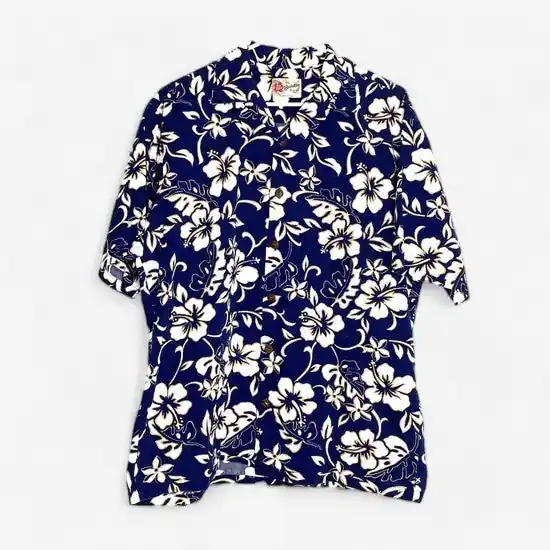 Hilo Hattie Men's Size L Blue & White 100% Cotton Hawaiian Shirt