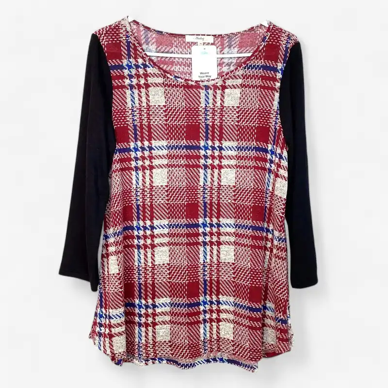 Andrée by Unit Women's Top - Black Raglan Sleeves with Red Houndstooth Pattern - Size M - Pre-Owned