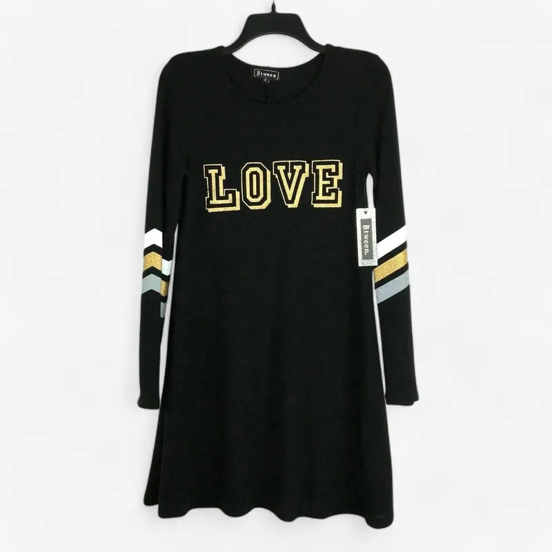 Btween Womens Juniors Size Small Black Sweater Dress Glitter “Love” & Stripes