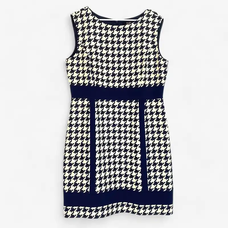 Alex Marie Women's Navy Beige Houndstooth Print Knee-Length Dress - Size 16