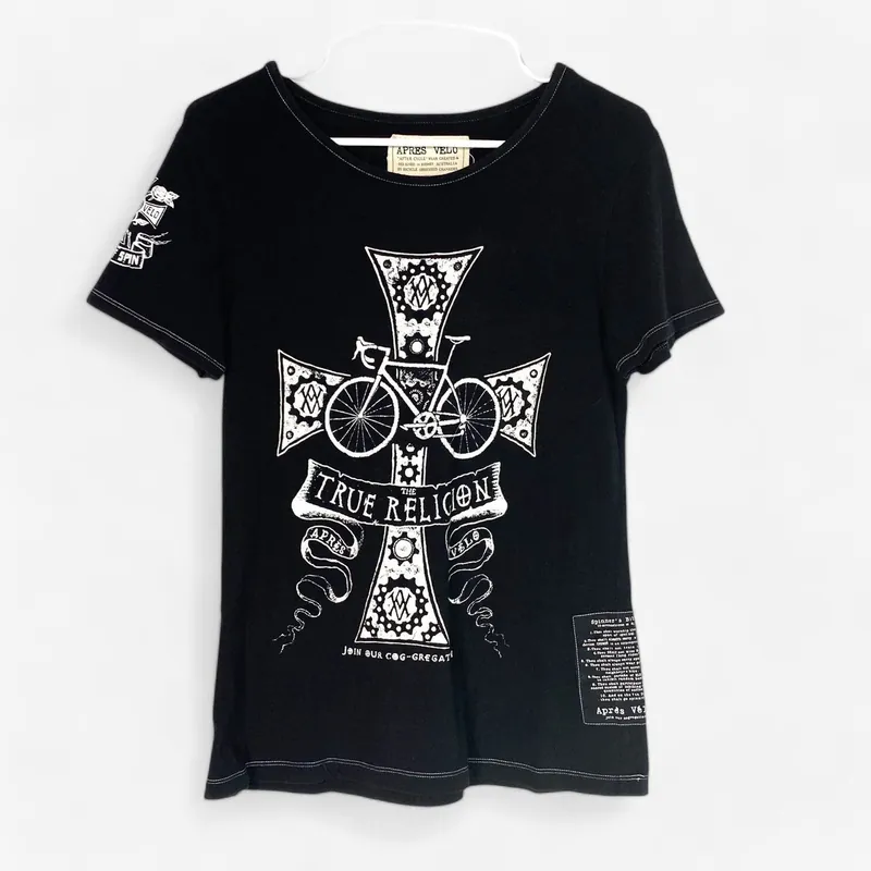 Après Vélo Women's Black V-Neck T-Shirt - 'Sisters of Spin' Graphic - Size L - Pre-Owned