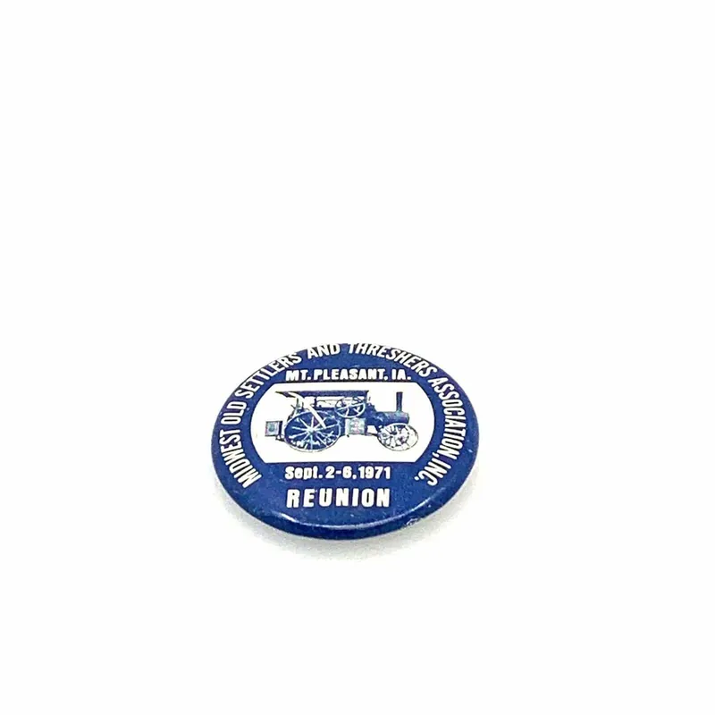 Vintage 1971 Midwest Old Settlers Threshers Assoc. Reunion Button Pin Pinback, Blue - Parsimony Shoppes