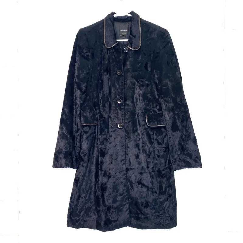 Anonymous John Carlisle Womens Fitted Trench Coat Size L Black Faux Fur Piping
