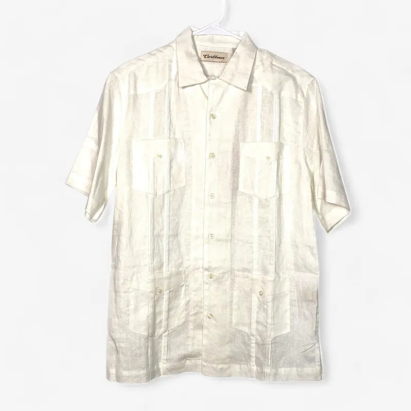 Caribbean Men's Ivory Linen Hawaiian Shirt - Size S - Short Sleeve Button-Up