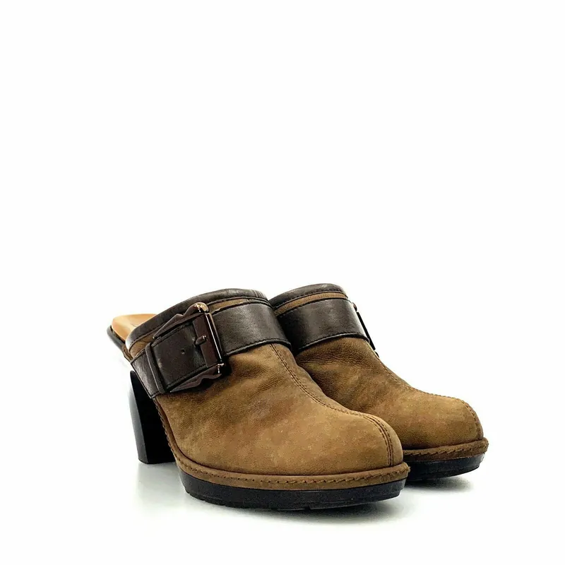 Sofft Womens Size 8M Brown Mules Shoes Leather Aviano Buckle Heeled - Medium