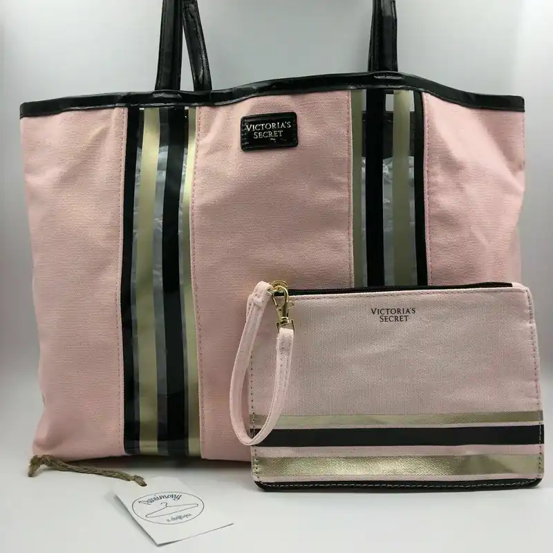 Victoria’s Secret Pale Pink W/ Black & Gold Strips Beach Tote W/ Makeup Bag - Victoria's Secret