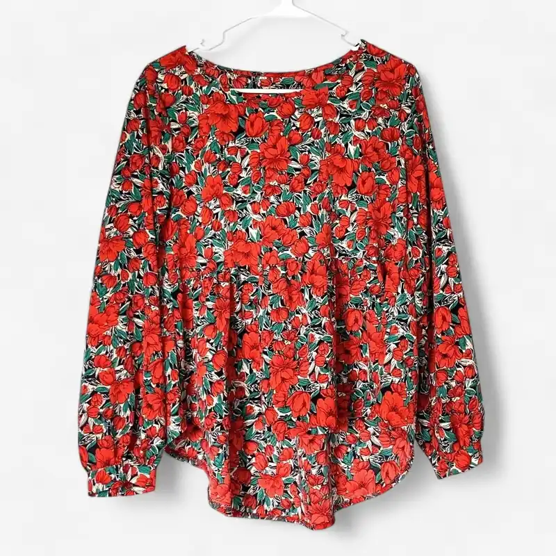 SHEIN Women's Red Chiffon Floral High-Low Peplum Babydoll Blouse - Size M