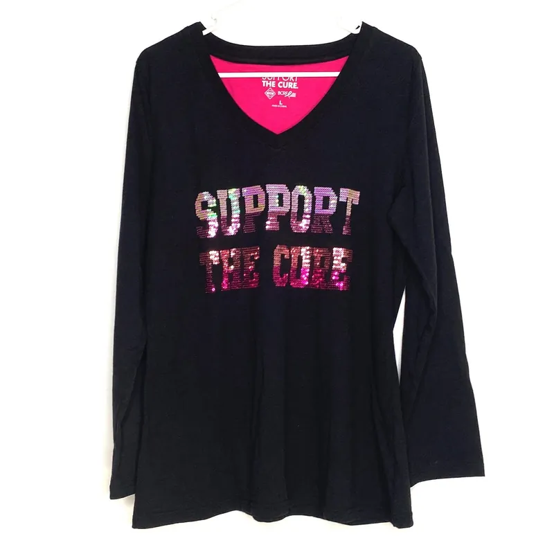 Breast Cancer Awareness Women's Black V-Neck Long Sleeve T-Shirt - 'Support the Cure' - Size L