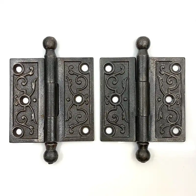 Pair of Antique Ornate Cast Iron Loose Pin Door Hinges 3", Ball Finial Tips - Unmarked