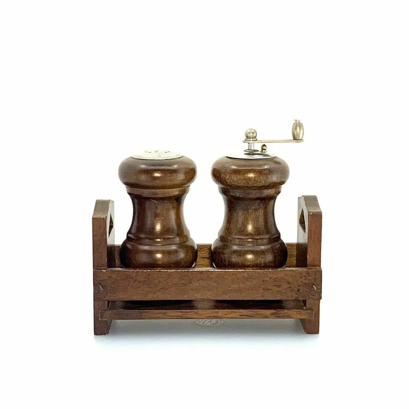 Vintage Wooden Salt Shaker & Pepper Mill Set w/ Holder/Stand - Unmarked