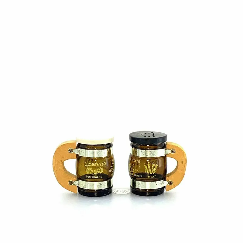 Vintage Kansas Beer Mug Glass Wood Handle Souvenir Salt and Pepper Shakers Set - Unmarked