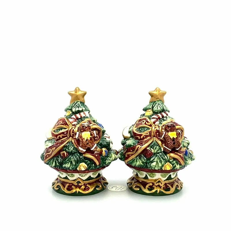 Christmas Tree Red Bow Gingerbread Man Salt Pepper Shakers Set Pair Ceramic - Unmarked