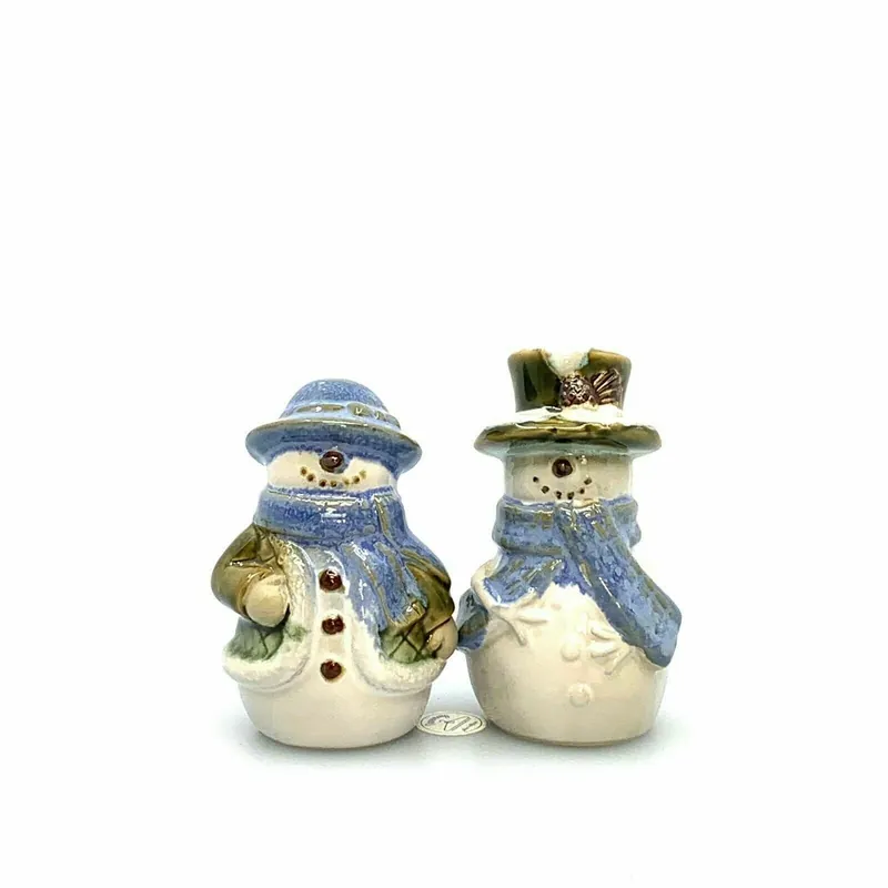 Mr & Mrs Snowman Couple Salt And Pepper Shakers Set Stoneware - Unmarked