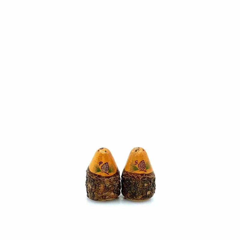 Vintage Carved Wood Salt & Pepper Shakers Rustic Bark Pinecone Cabin Decor - Unmarked