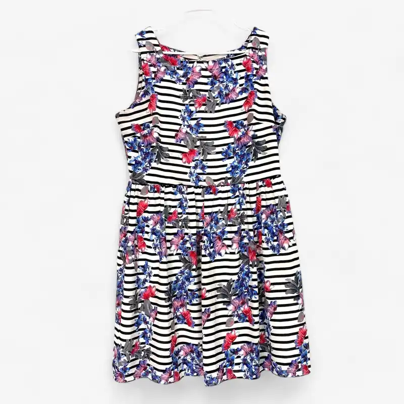 Women's Striped Floral Print Sleeveless Fit & Flare Tea-Length Dress - Size L - Beige by ECI