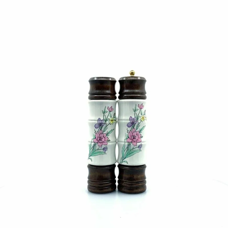 Vintage Spring Flowers Pepper Shaker Grinder & Salt Shaker White Ceramic/Wood 9" - Unmarked