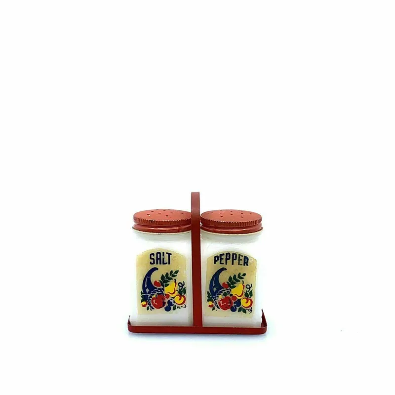 Vintage McKee Cornucopia Red Lid and Holder Salt and Pepper Shakers Milk Glass