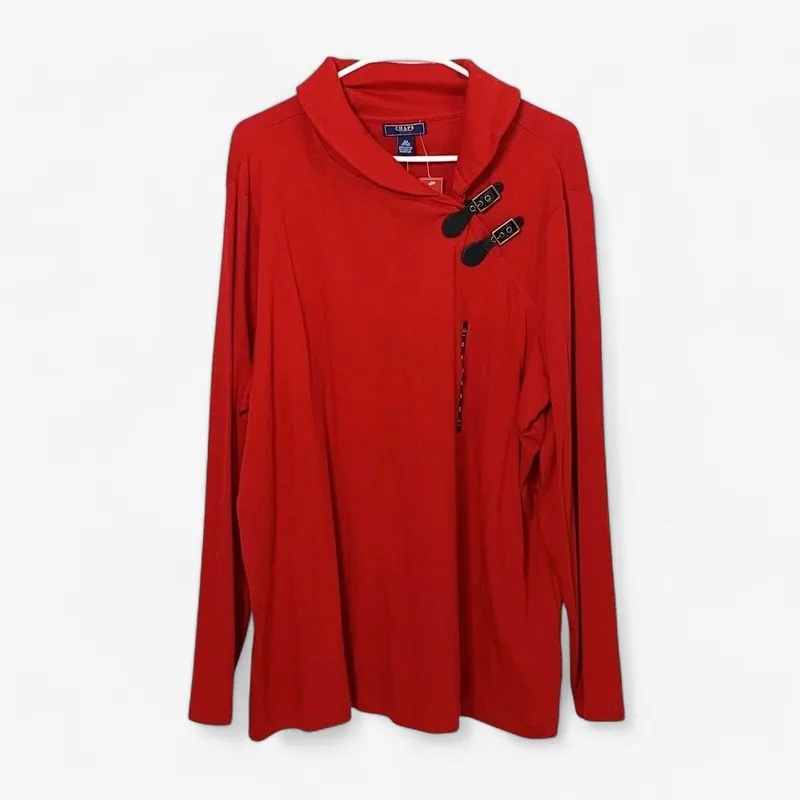 Chaps Denim Women's Red Pullover Sweater with Antler Button Collar - Size 3X