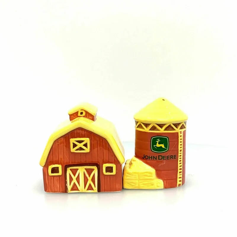 John Deere Farm Barn & Silo Ceramic Salt and Pepper Shakers Set - Unmarked