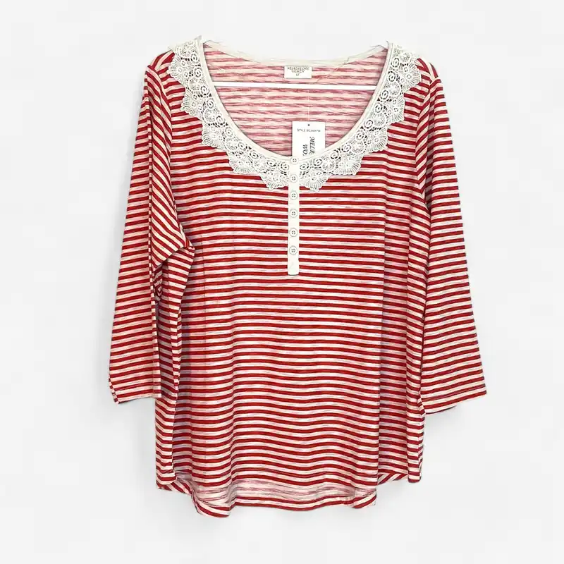 Melrose Chic Women's Red and White Stripe Crocheted Collar Blouse - Size 1X