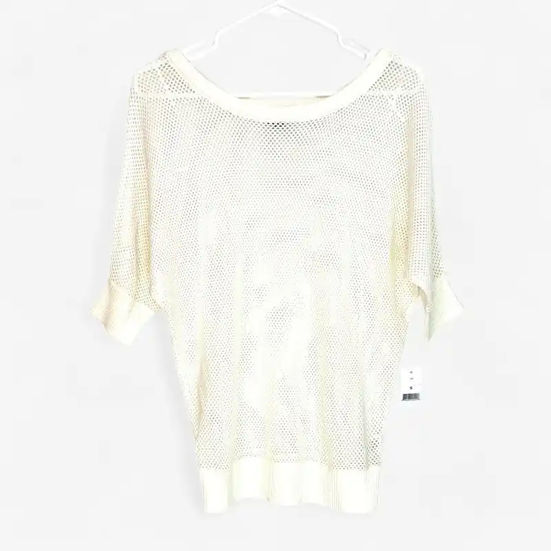 DIP Women's White Mesh Half Sleeve Sweater - Size S - Lightweight Cotton Blend