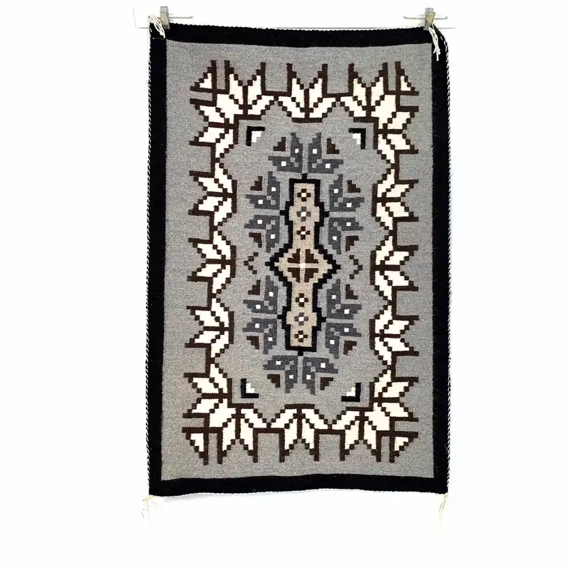 Vintage Navajo Hand-Woven Geometric Gray Kilim Rug by Lena Begay 44” x 29"