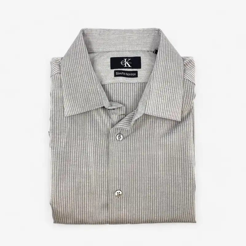 Men's Gray Pinstriped Button-Up Dress Shirt - Size L - Calvin Klein
