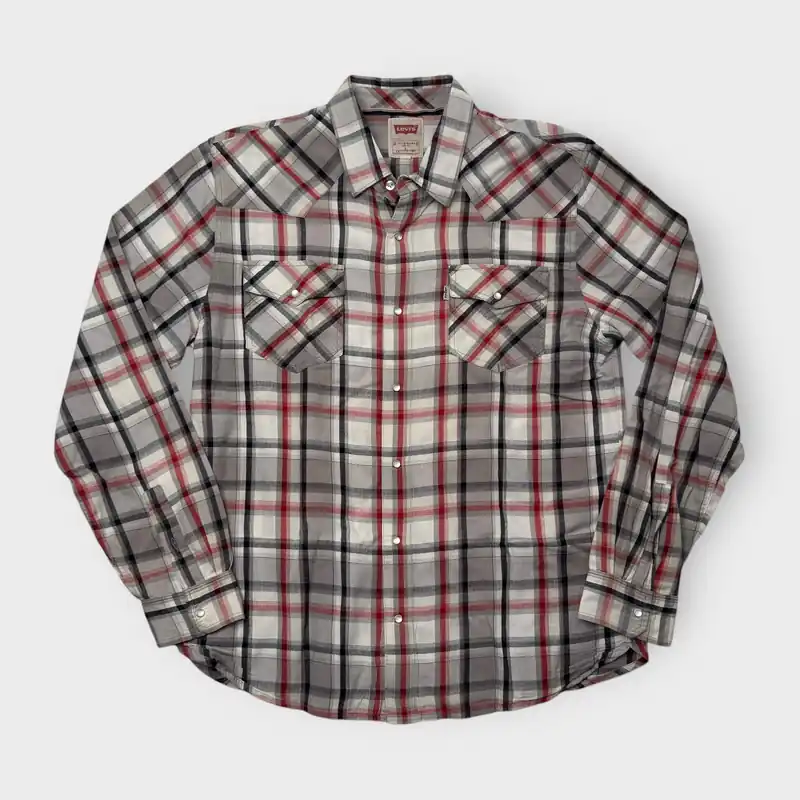 Levi’s Mens Size L White Red Black Plaid Modern Western Shirt Snap Up L/s - Levi Strauss