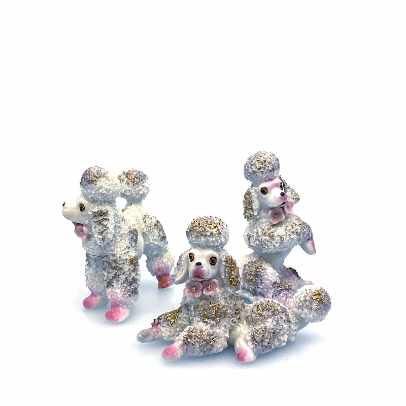 Vintage Poodles Figurines Set of 3 White Gold Spaghetti Style Japan - Unmarked