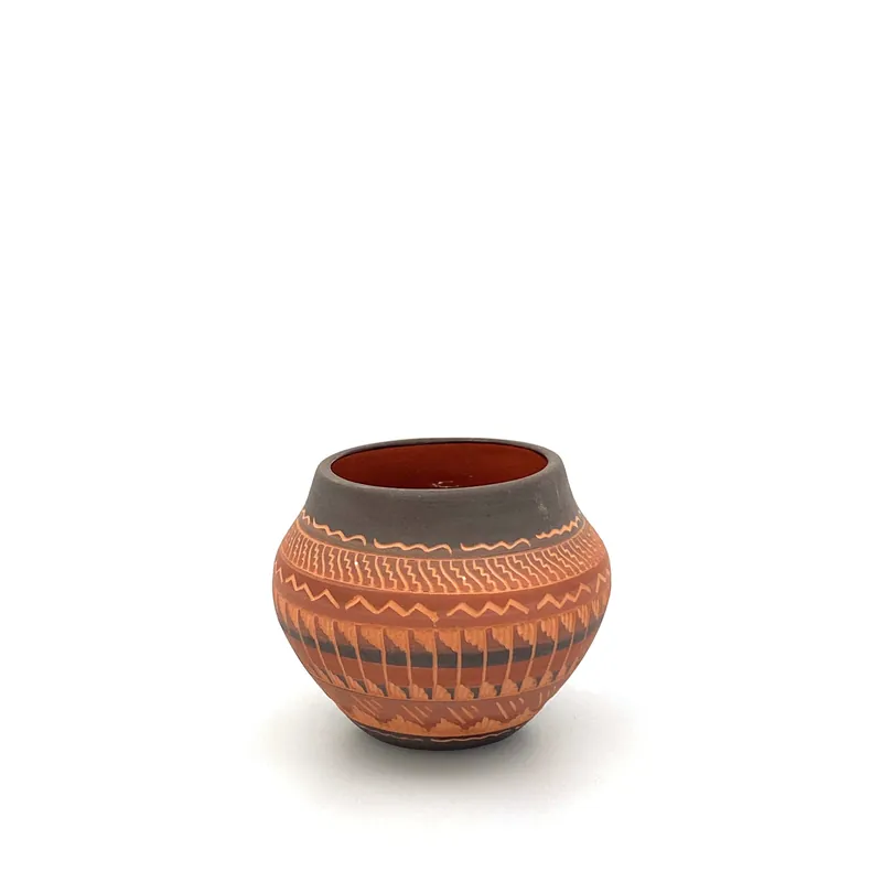 Navajo Pottery by Anna Tsosie Terra Cotta Hand Etched Small Pot 3” Orange Brown